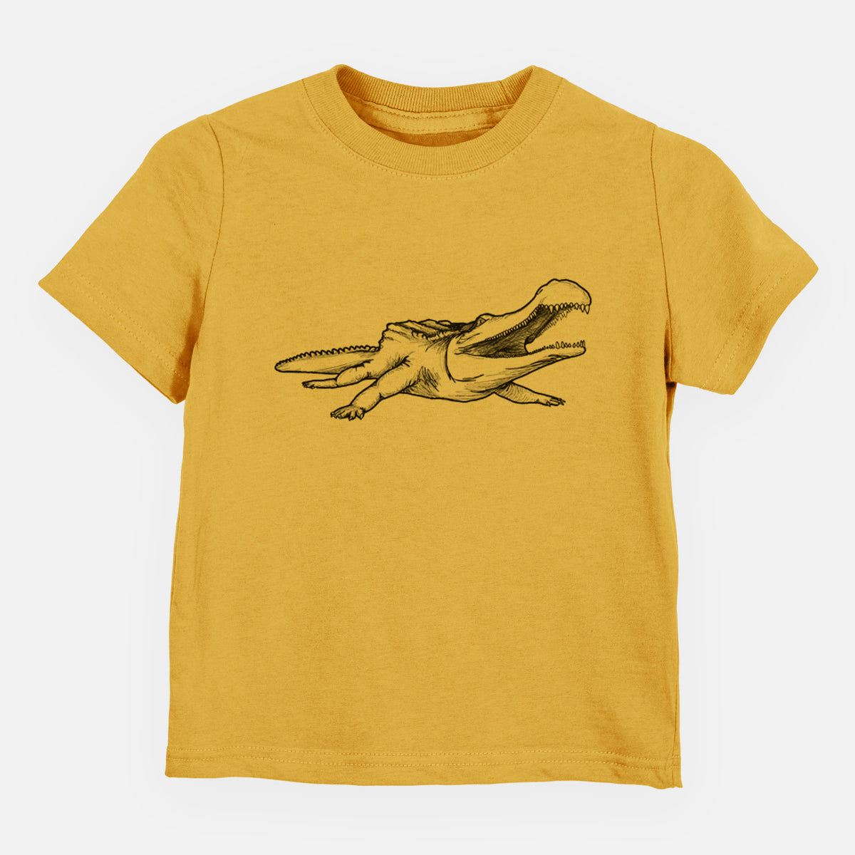 Honeycomb yellow toddler t-shirt laid flat, printed with a black ink illustration of a Sarcosuchus, a giant prehistoric crocodile.