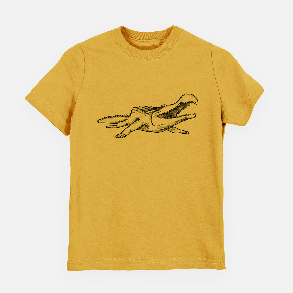 Honeycomb yellow youth t-shirt laid flat, printed with a black ink illustration of a Sarcosuchus, a giant prehistoric crocodile.