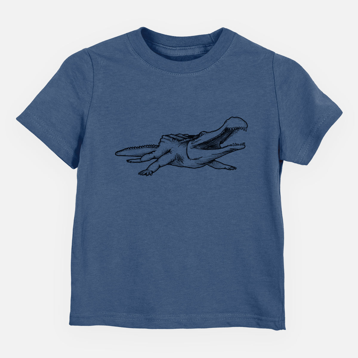 Indigo blue toddler t-shirt laid flat, printed with a black ink illustration of a Sarcosuchus, a giant prehistoric crocodile.