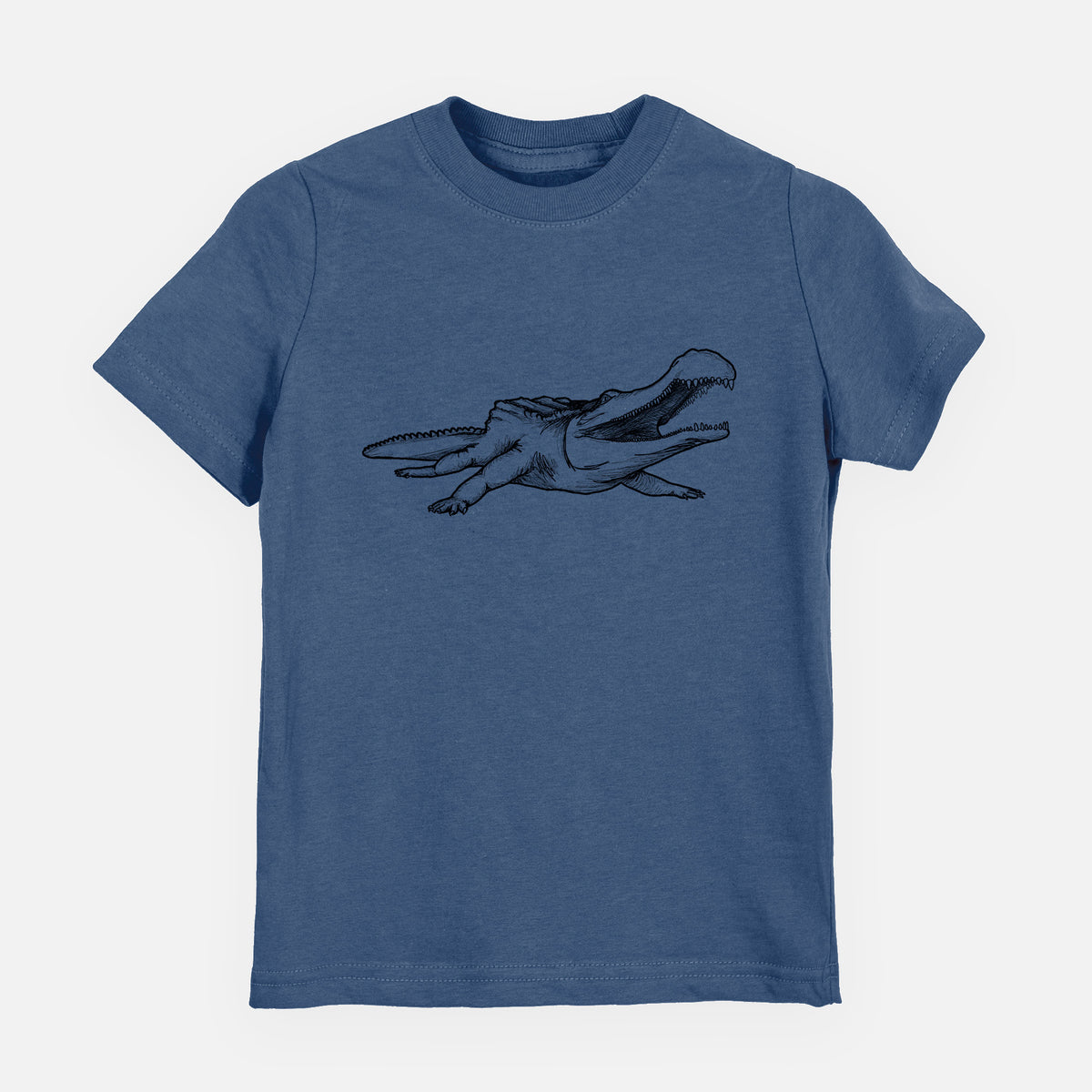 Indigo blue youth t-shirt laid flat, printed with a black ink illustration of a Sarcosuchus, a giant prehistoric crocodile.