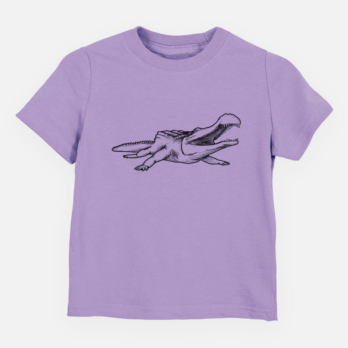 Lavender toddler t-shirt laid flat, printed with a black ink illustration of a Sarcosuchus, a giant prehistoric crocodile.