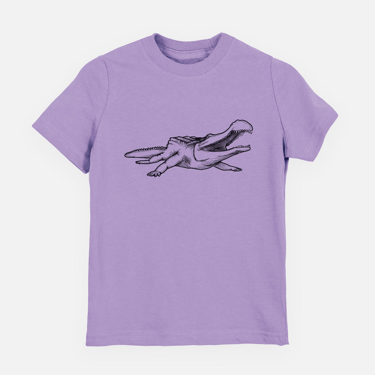 Lavender youth t-shirt laid flat, printed with a black ink illustration of a Sarcosuchus, a giant prehistoric crocodile.