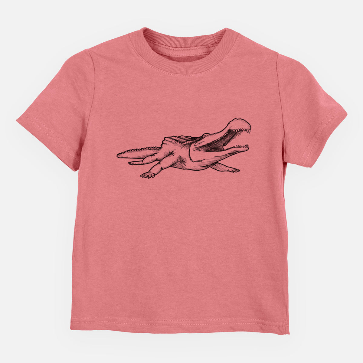 Mauve pink toddler t-shirt laid flat, printed with a black ink illustration of a Sarcosuchus, a giant prehistoric crocodile.