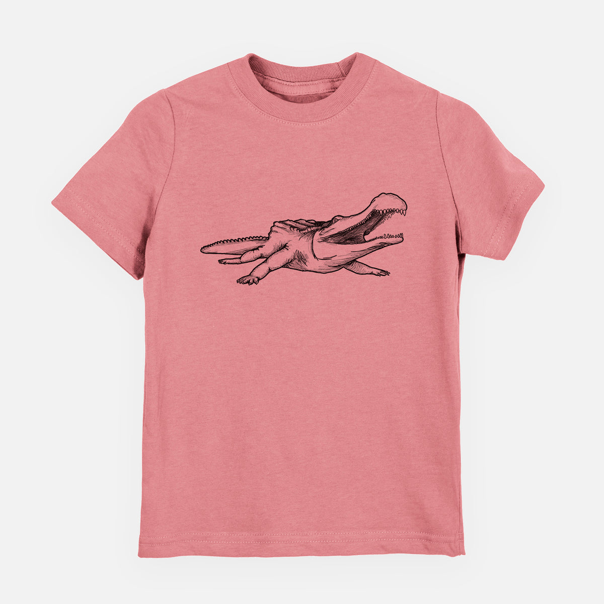 Mauve pink youth t-shirt laid flat, printed with a black ink illustration of a Sarcosuchus, a giant prehistoric crocodile.