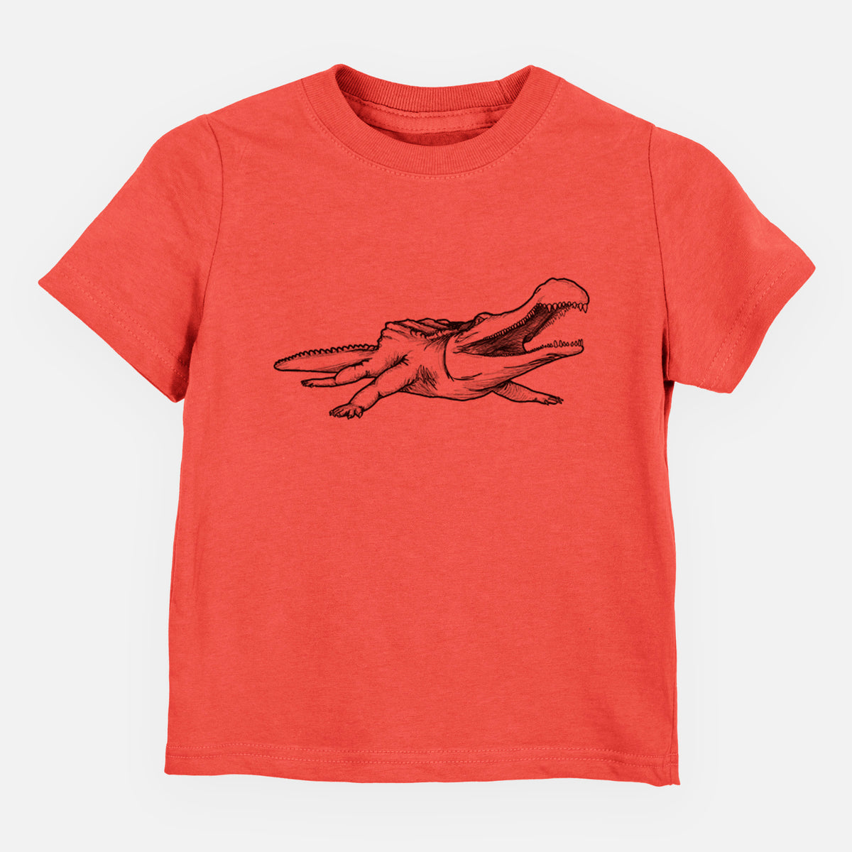 Passionfruit pink toddler t-shirt laid flat, printed with a black ink illustration of a Sarcosuchus, a giant prehistoric crocodile.