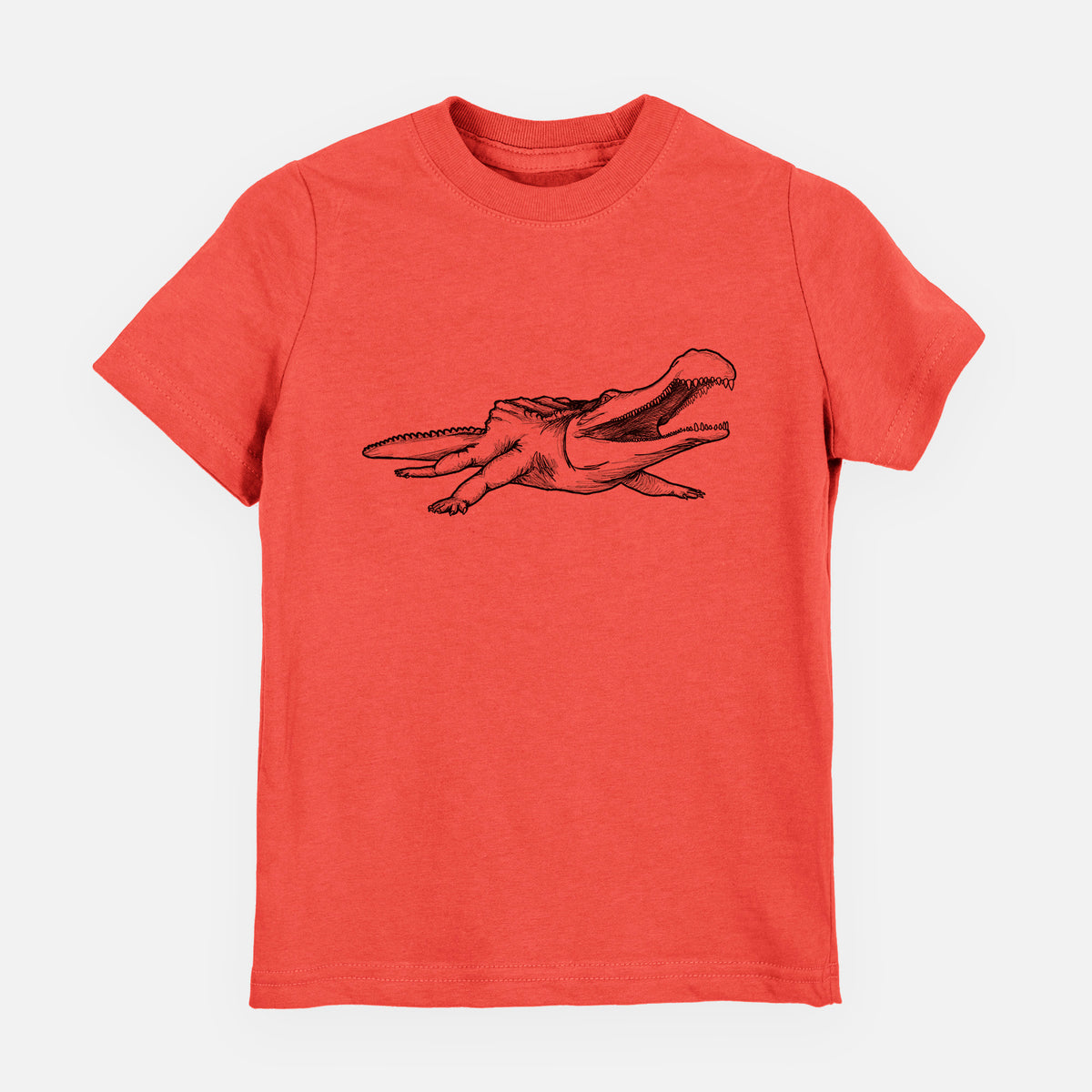 Passionfruit pink youth t-shirt laid flat, printed with a black ink illustration of a Sarcosuchus, a giant prehistoric crocodile.