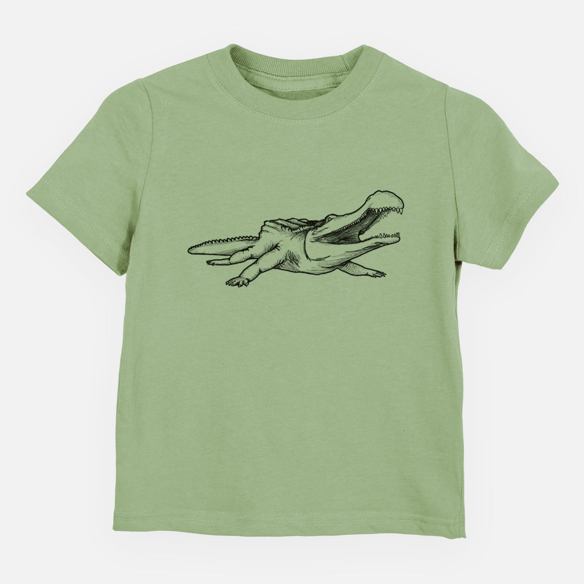 Sage green toddler t-shirt laid flat, printed with a black ink illustration of a Sarcosuchus, a giant prehistoric crocodile.