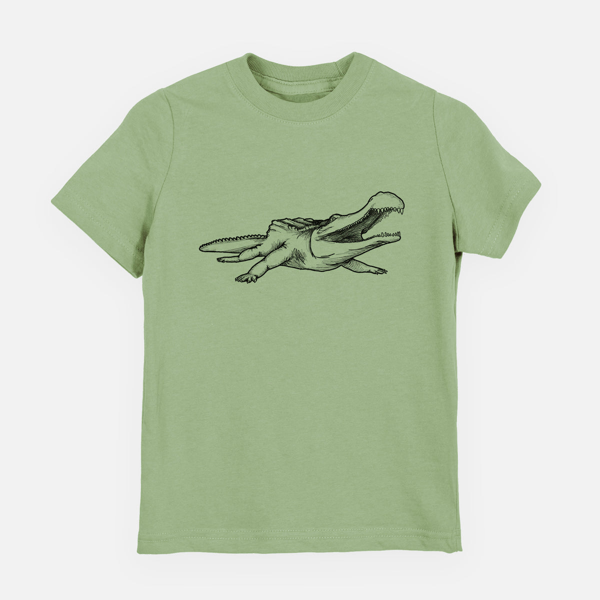 Sage green youth t-shirt laid flat, printed with a black ink illustration of a Sarcosuchus, a giant prehistoric crocodile.