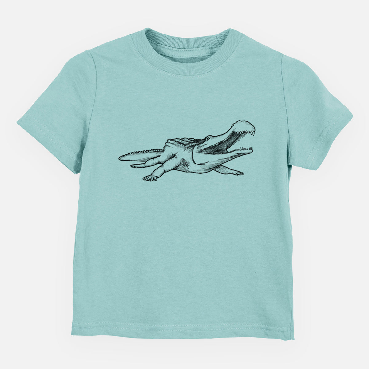 Saltwater toddler t-shirt laid flat, printed with a black ink illustration of a Sarcosuchus, a giant prehistoric crocodile.
