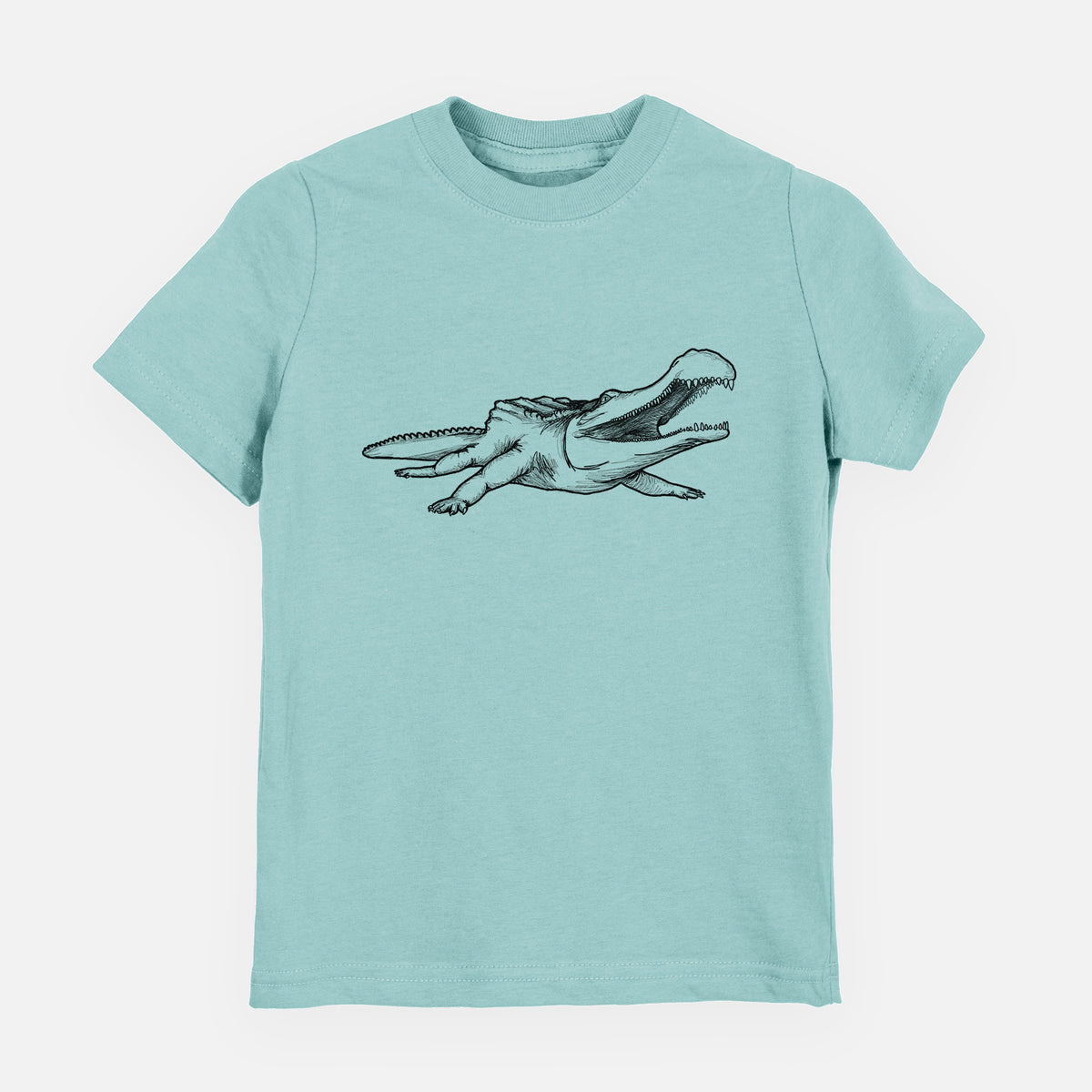 Saltwater youth t-shirt laid flat, printed with a black ink illustration of a Sarcosuchus, a giant prehistoric crocodile.