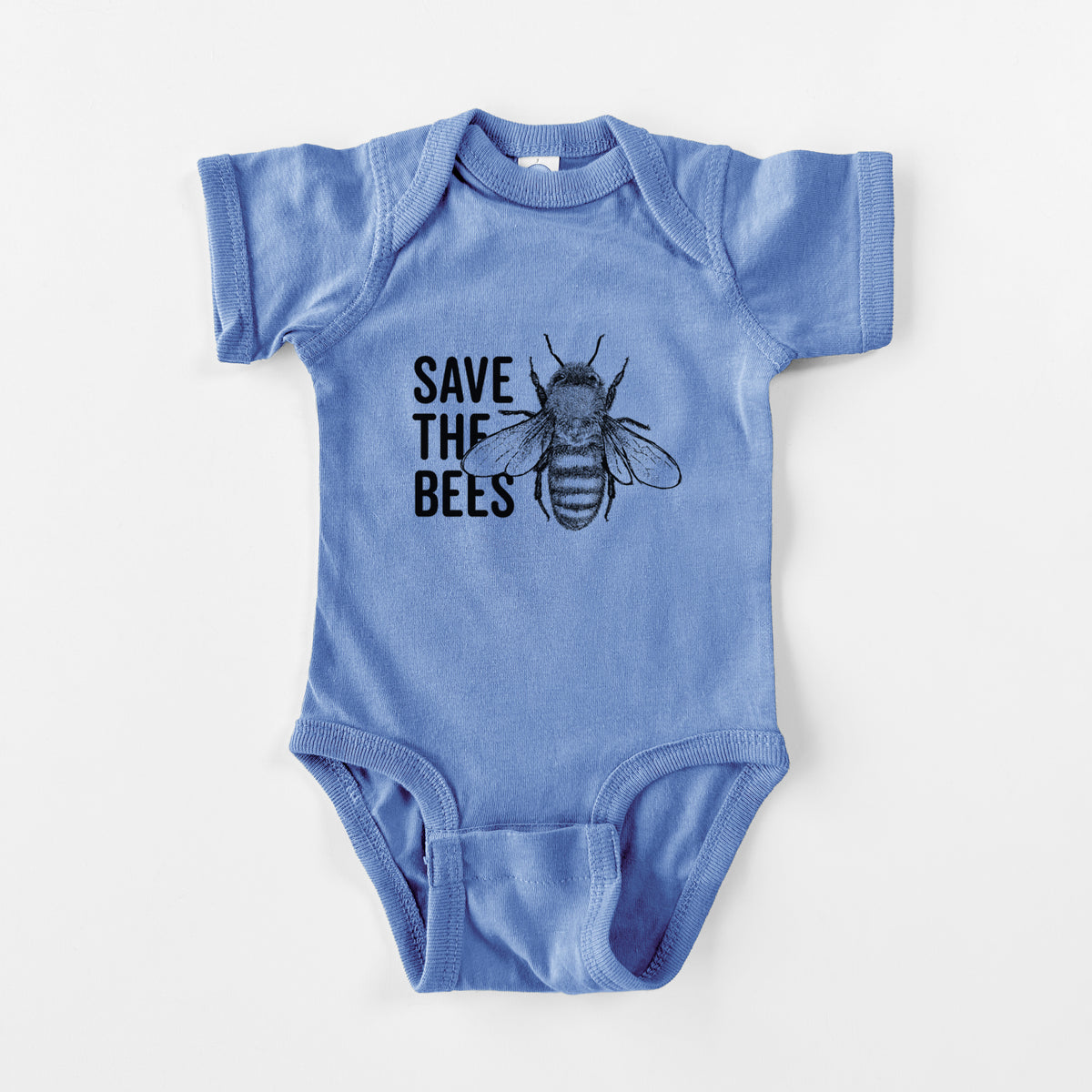 Carolina blue baby bodysuit laid flat, printed with bold black words reading Save the Bees beside a detailed honey bee illustration.