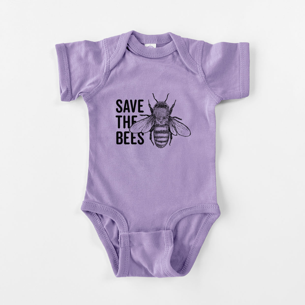 Lavender baby bodysuit laid flat, printed with bold black words reading Save the Bees beside a detailed honey bee illustration.