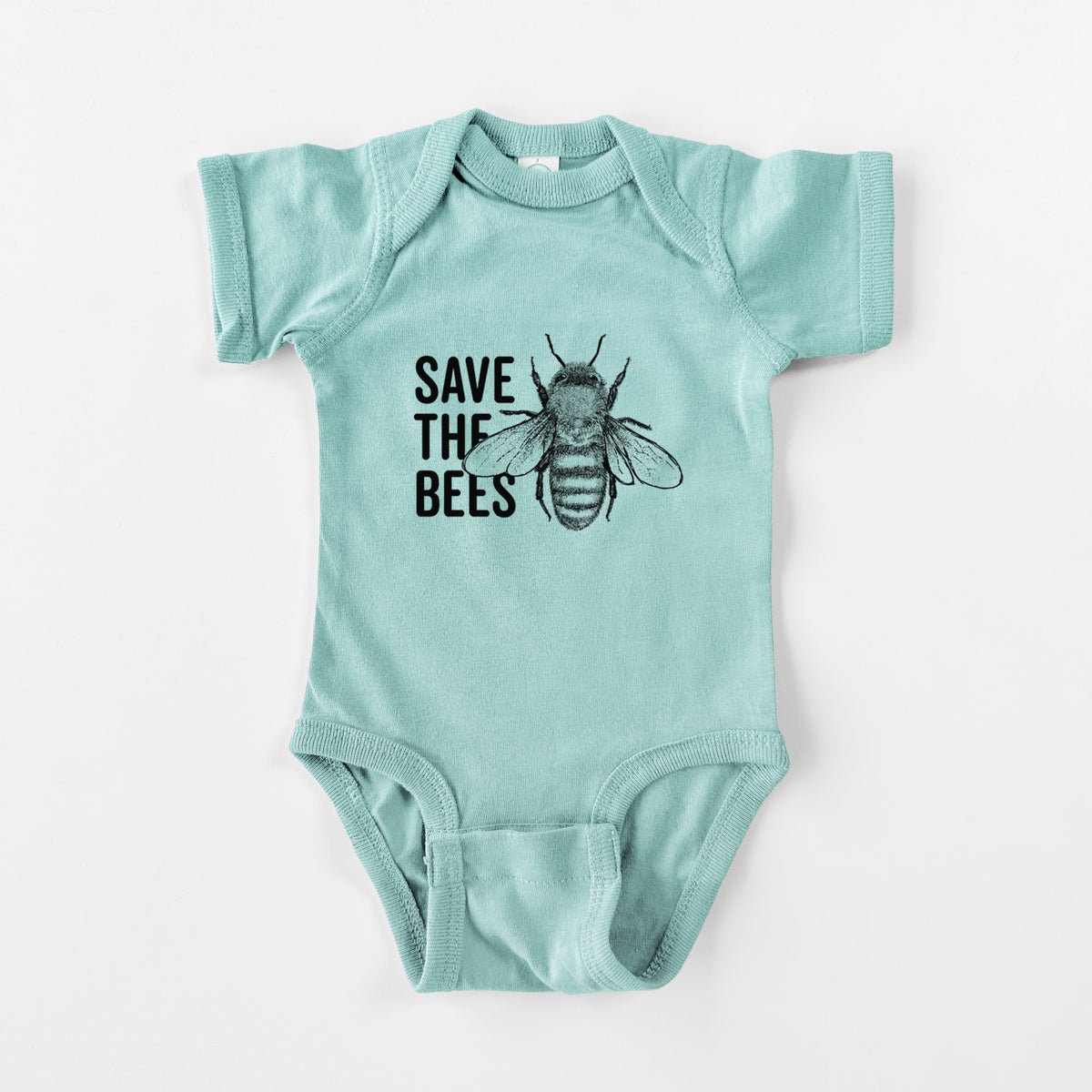 Saltwater baby bodysuit laid flat, printed with bold black words reading Save the Bees beside a detailed honey bee illustration.