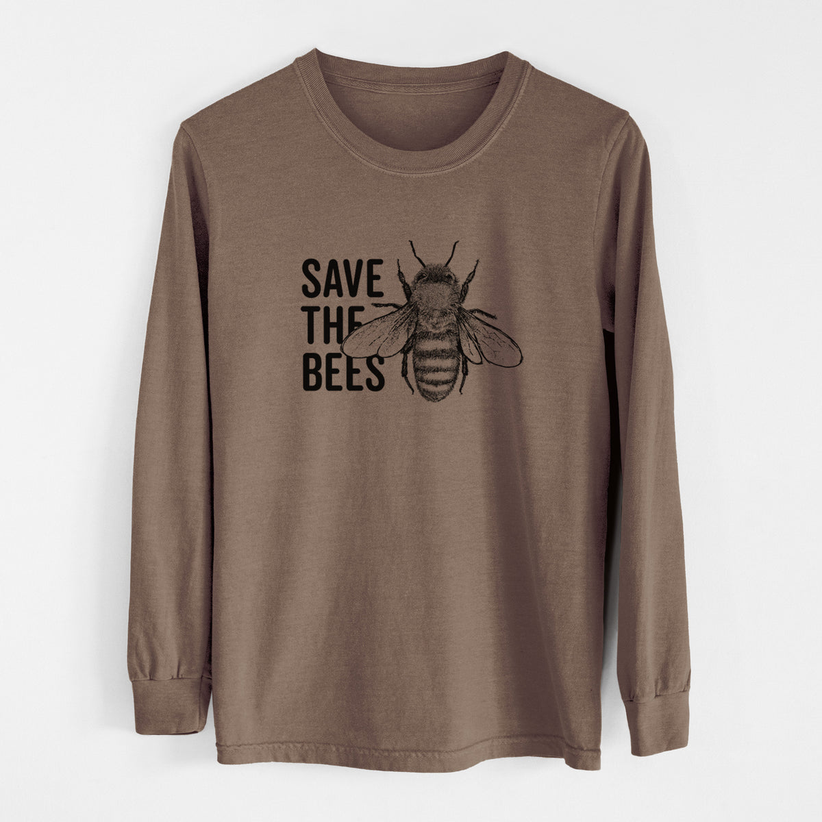 Espresso brown Comfort Colors long sleeve shirt laid flat, printed with bold black words reading Save the Bees beside a detailed honey bee illustration.