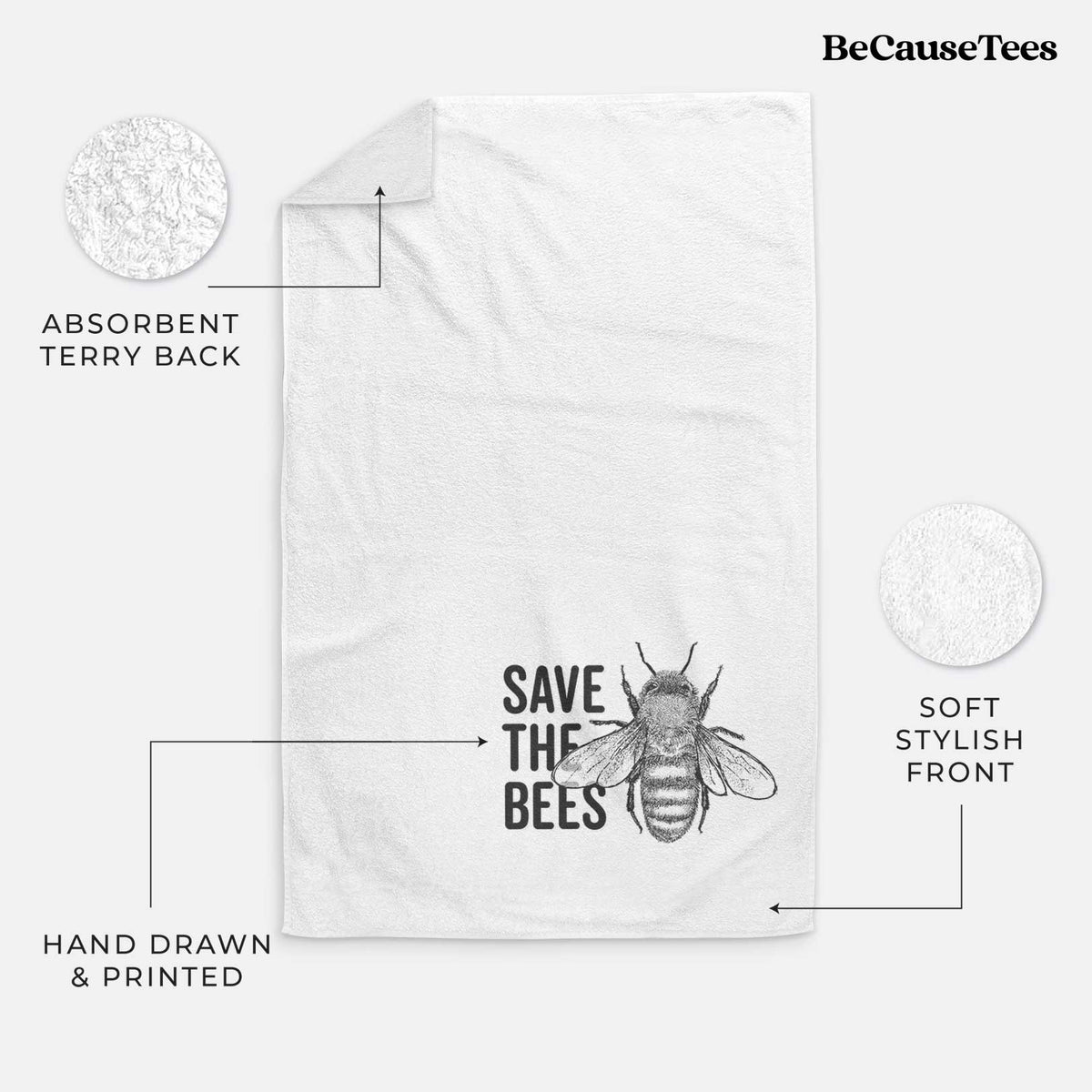 White hand towel printed with bold black words reading Save the Bees beside a detailed honey bee illustration.