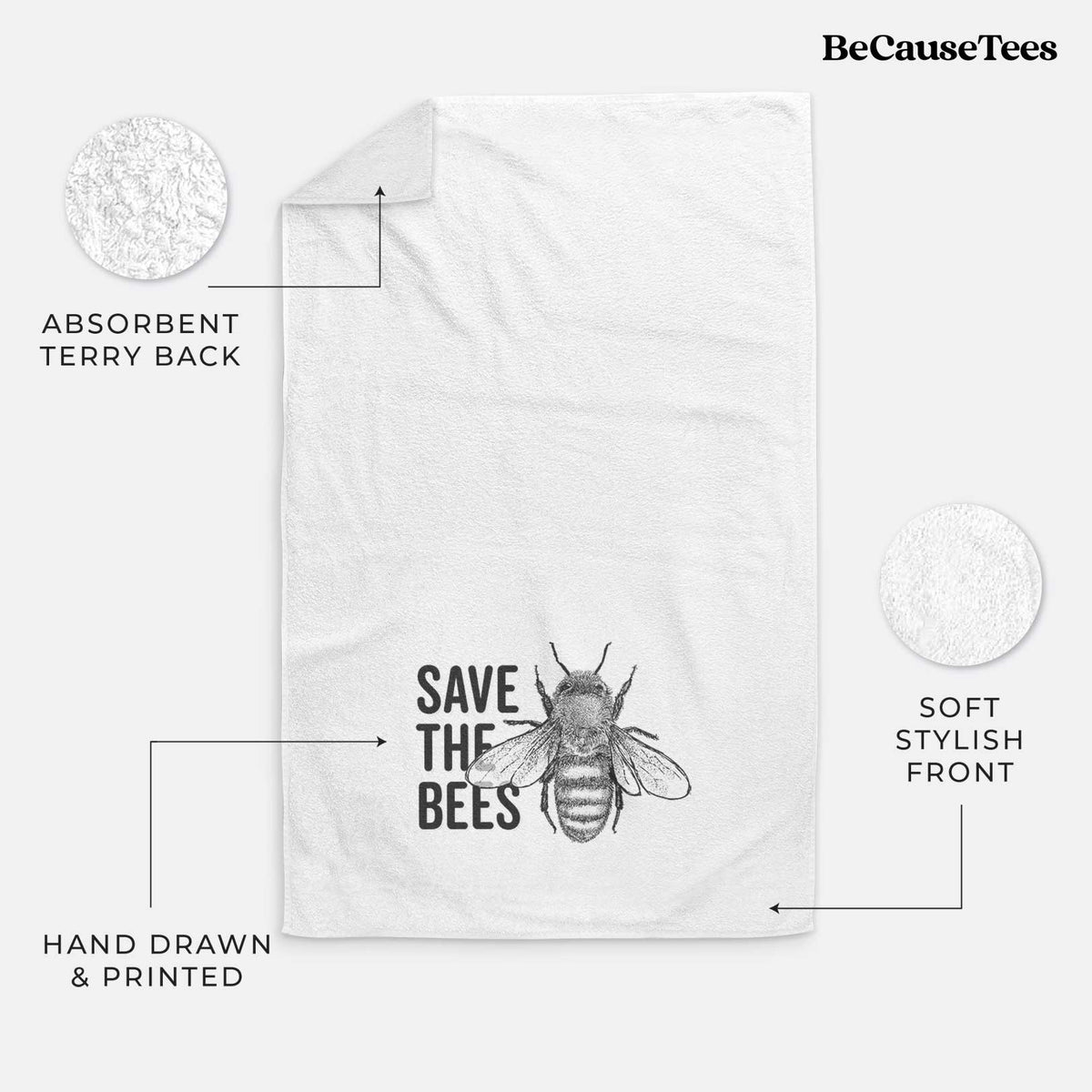White hand towel printed with bold black words reading Save the Bees beside a detailed honey bee illustration.