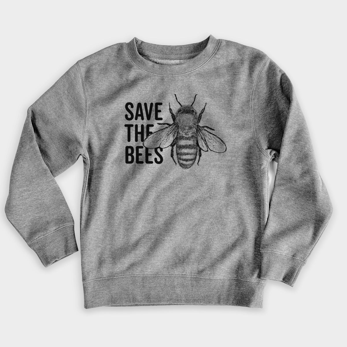 Nickel grey youth crewneck sweatshirt laid flat, printed with bold black words reading Save the Bees beside a detailed honey bee illustration.