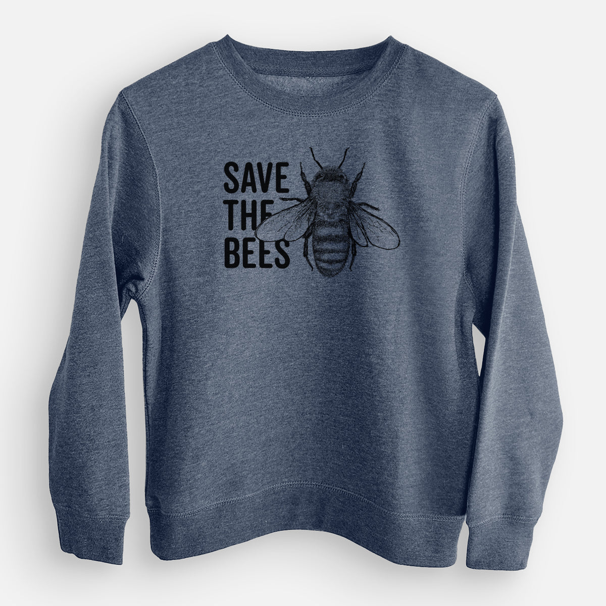 Storm blue youth crewneck sweatshirt laid flat, printed with bold black words reading Save the Bees beside a detailed honey bee illustration.