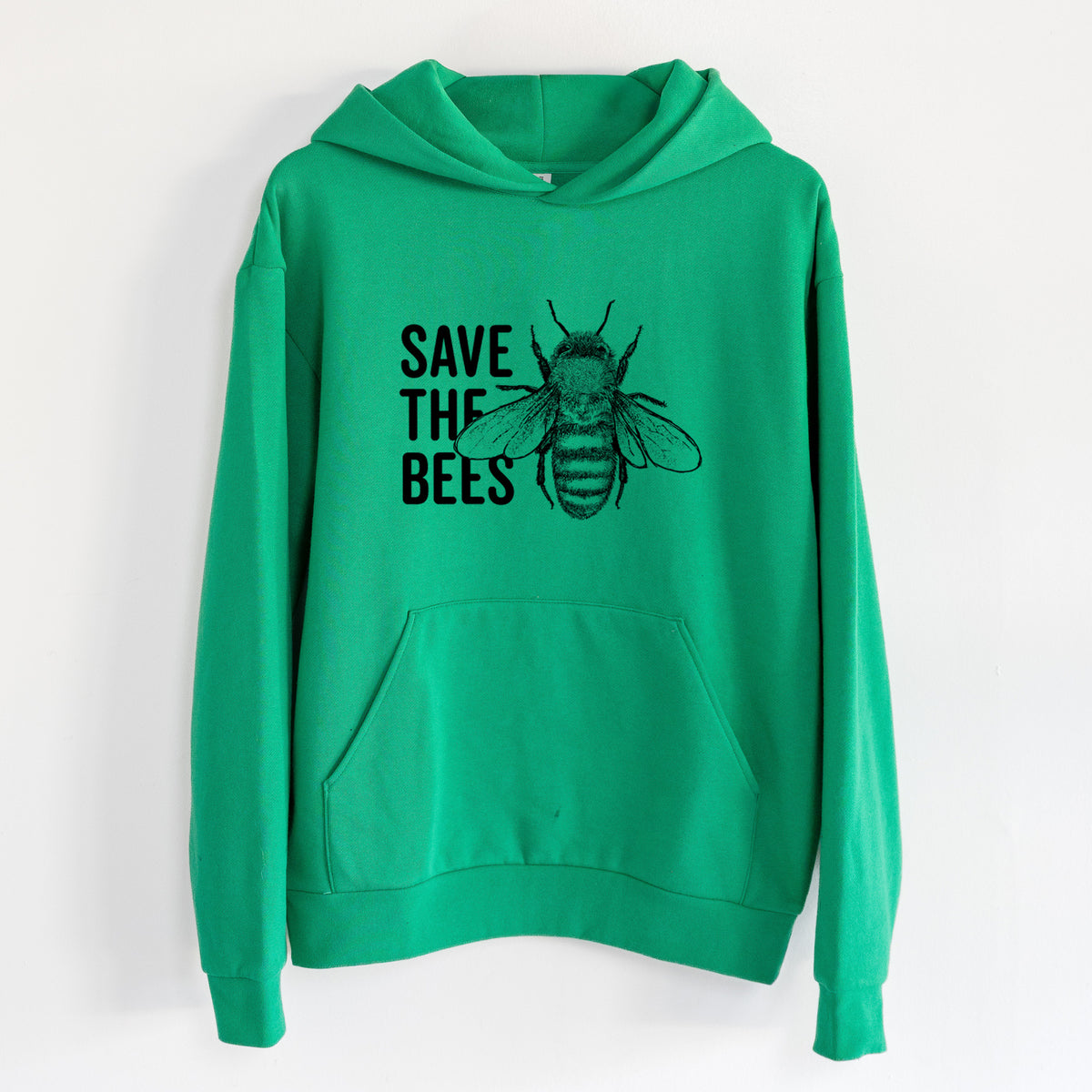 Save the Bees - Statement Midweight Hoodie in Kelly Green, hanging on a white wall, with a front kangaroo pocket and no drawcords.