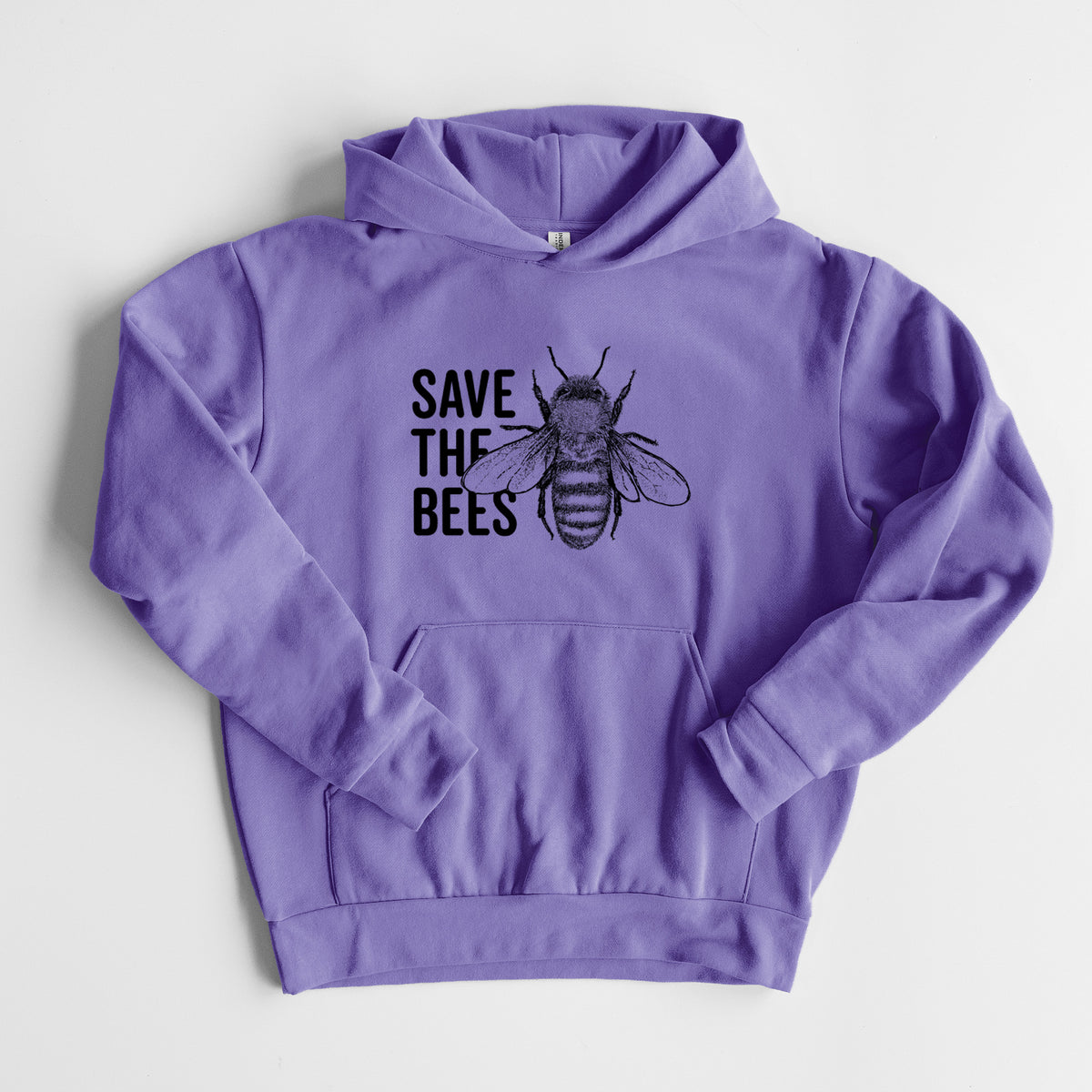 Save the Bees - Statement Midweight Hoodie in Violet, laid flat, showing the oversized boxy fit and front kangaroo pocket.