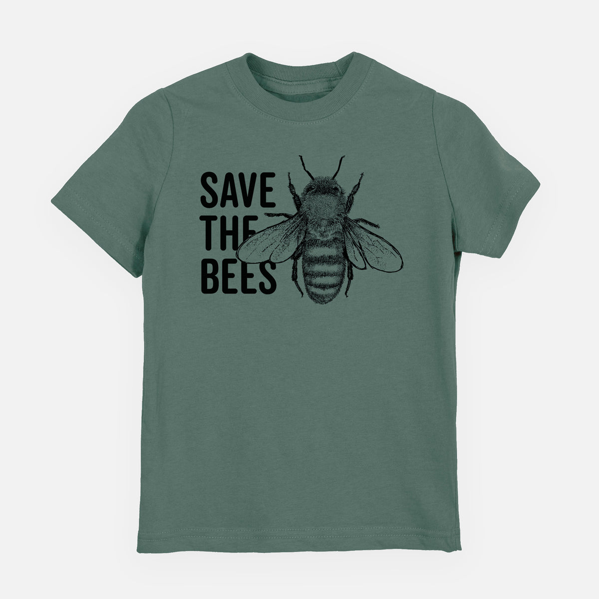 Basil green youth t-shirt laid flat, printed with bold black words reading Save the Bees beside a detailed honey bee illustration.