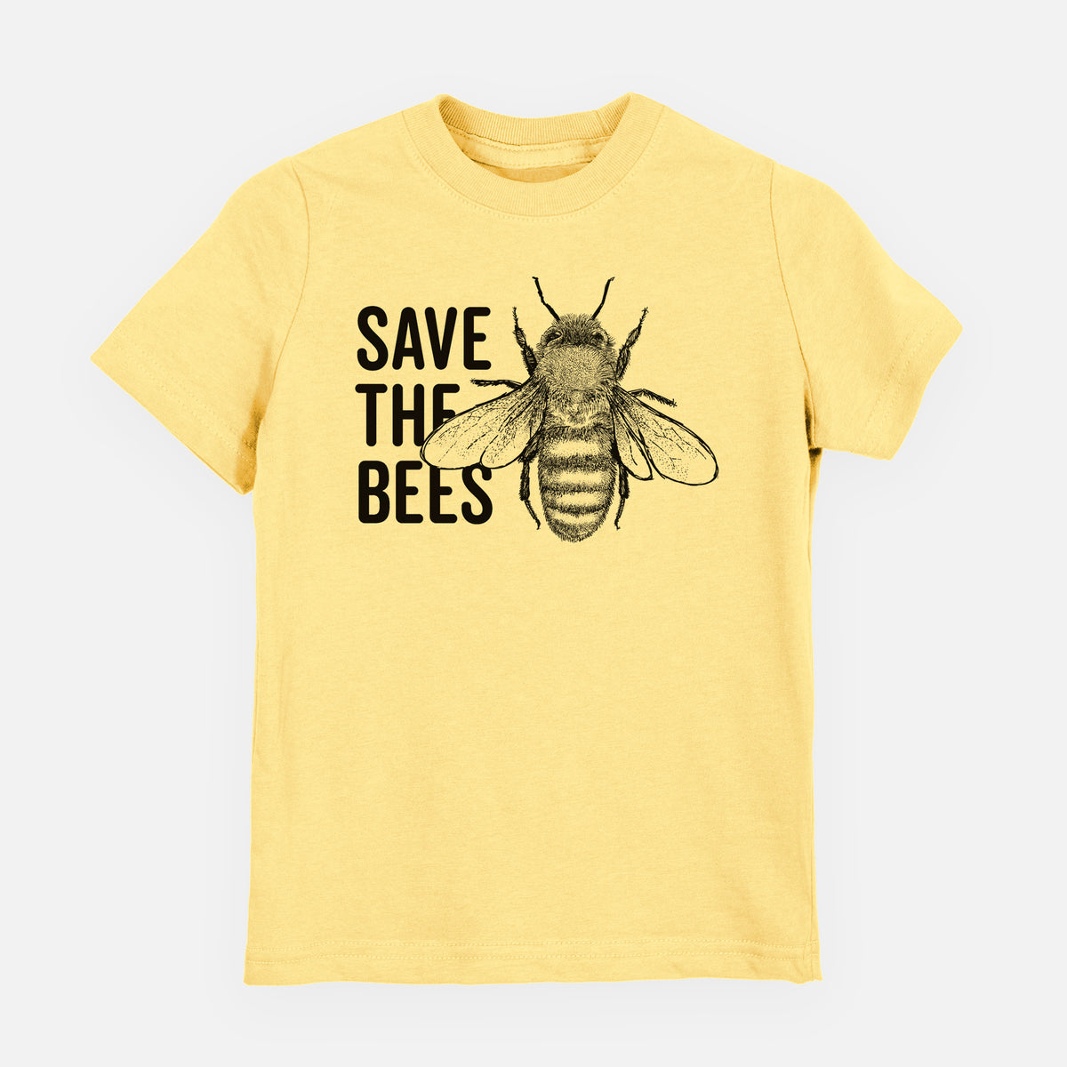 Butter yellow youth t-shirt laid flat, printed with bold black words reading Save the Bees beside a detailed honey bee illustration.