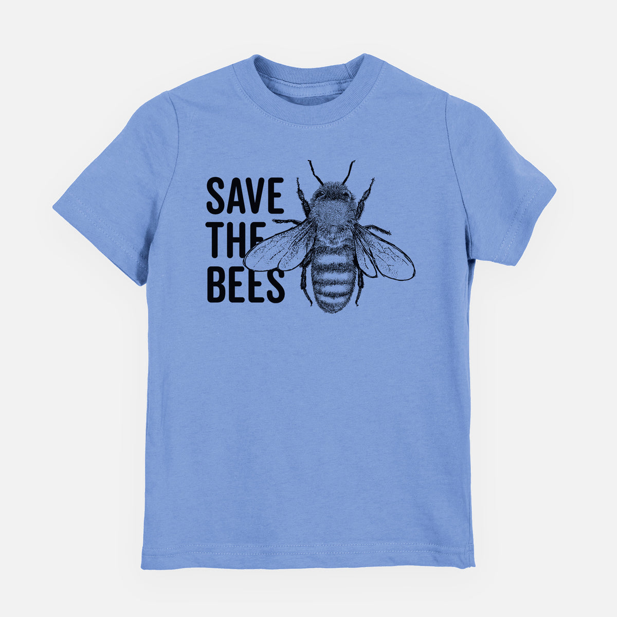 Carolina blue youth t-shirt laid flat, printed with bold black words reading Save the Bees beside a detailed honey bee illustration.