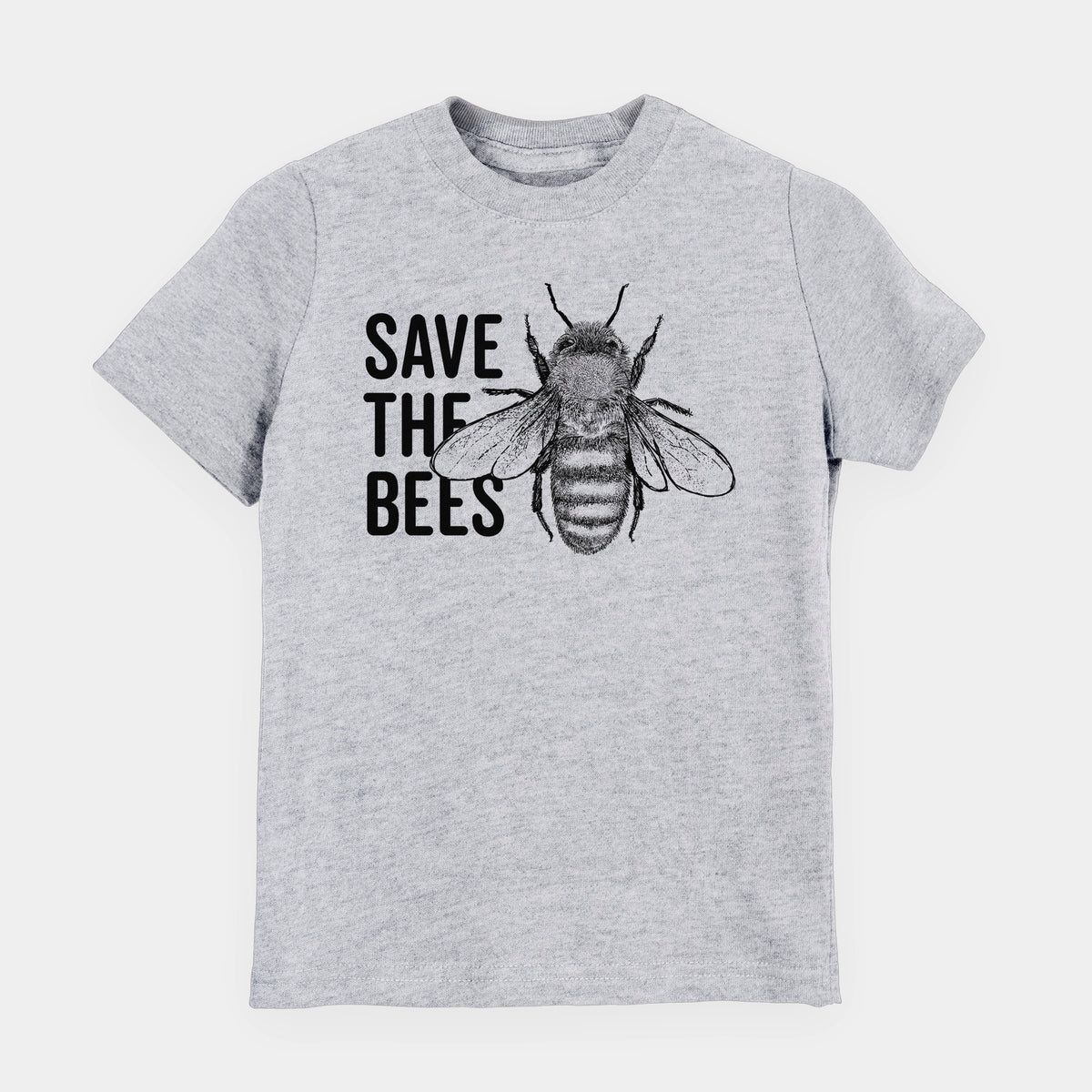 Heather grey youth t-shirt laid flat, printed with bold black words reading Save the Bees beside a detailed honey bee illustration.