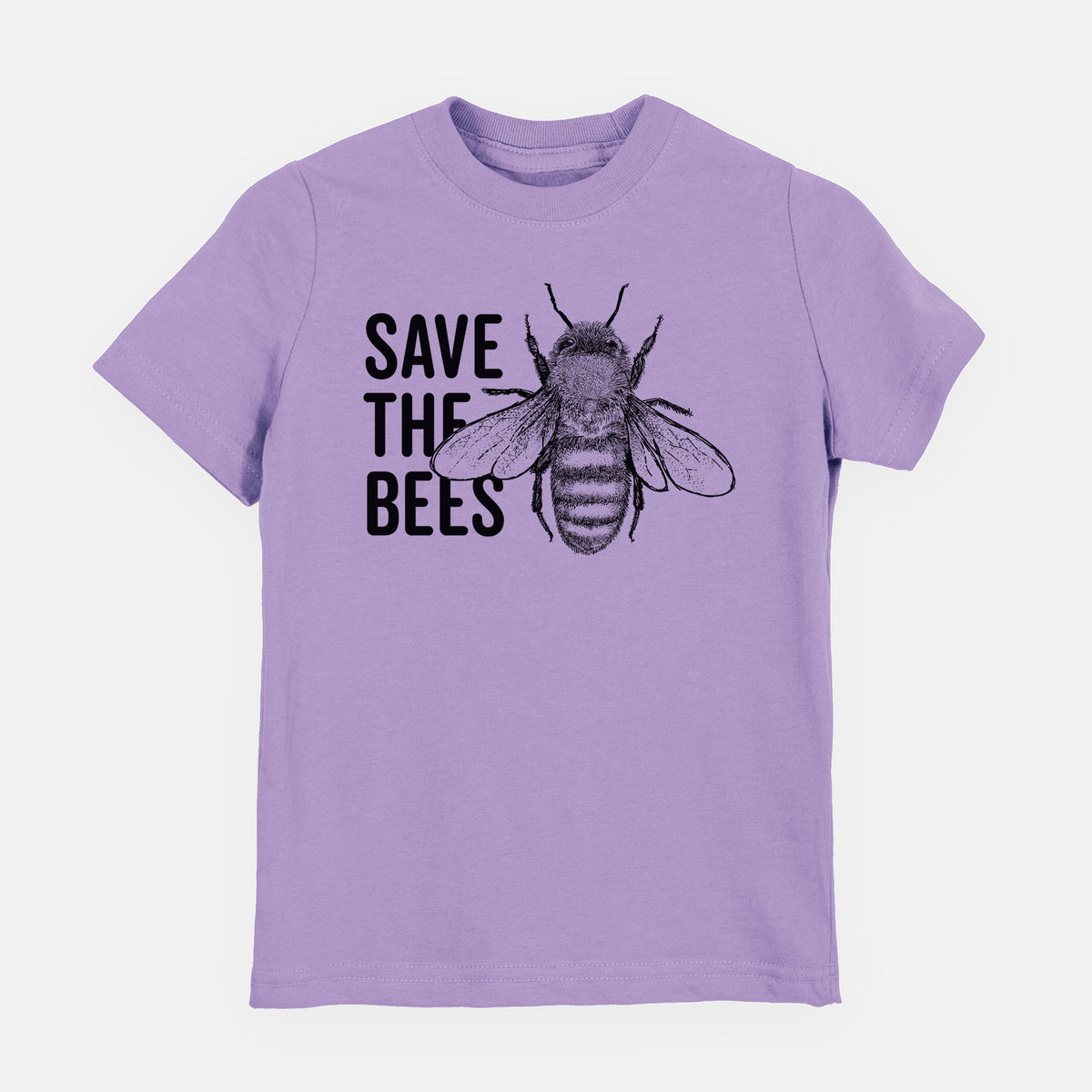 Lavender youth t-shirt laid flat, printed with bold black words reading Save the Bees beside a detailed honey bee illustration.