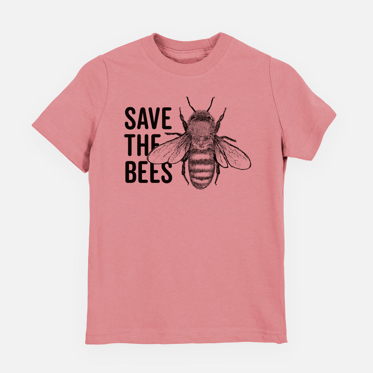 Mauve pink youth t-shirt laid flat, printed with bold black words reading Save the Bees beside a detailed honey bee illustration.