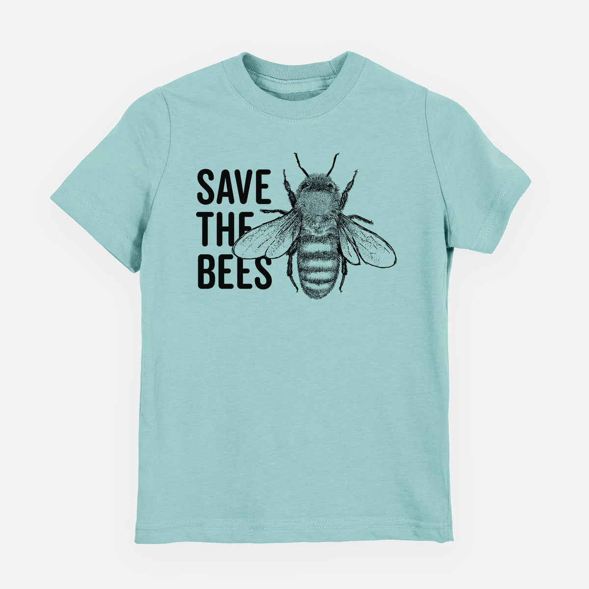 Saltwater youth t-shirt laid flat, printed with bold black words reading Save the Bees beside a detailed honey bee illustration.