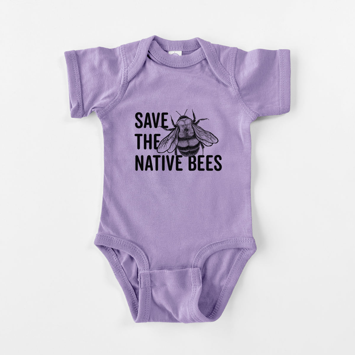 Lavender baby bodysuit laid flat, printed with bold black words reading Save the Native Bees beside a detailed bee illustration.