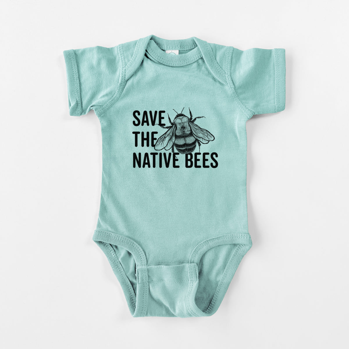 Saltwater baby bodysuit laid flat, printed with bold black words reading Save the Native Bees beside a detailed bee illustration.