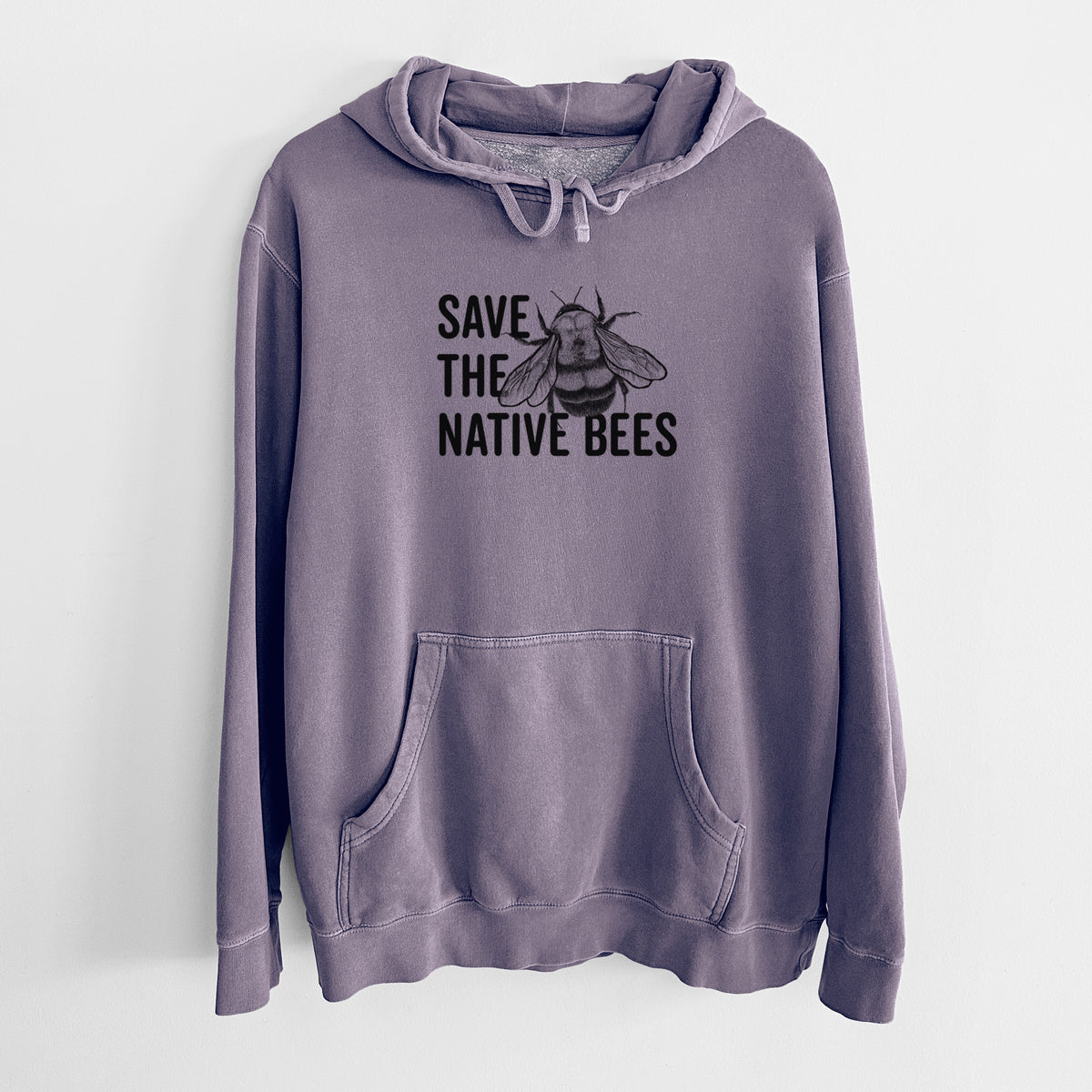 Plum purple pigment dyed hoodie laid flat, printed with bold black words reading Save the Native Bees beside a detailed bee illustration.