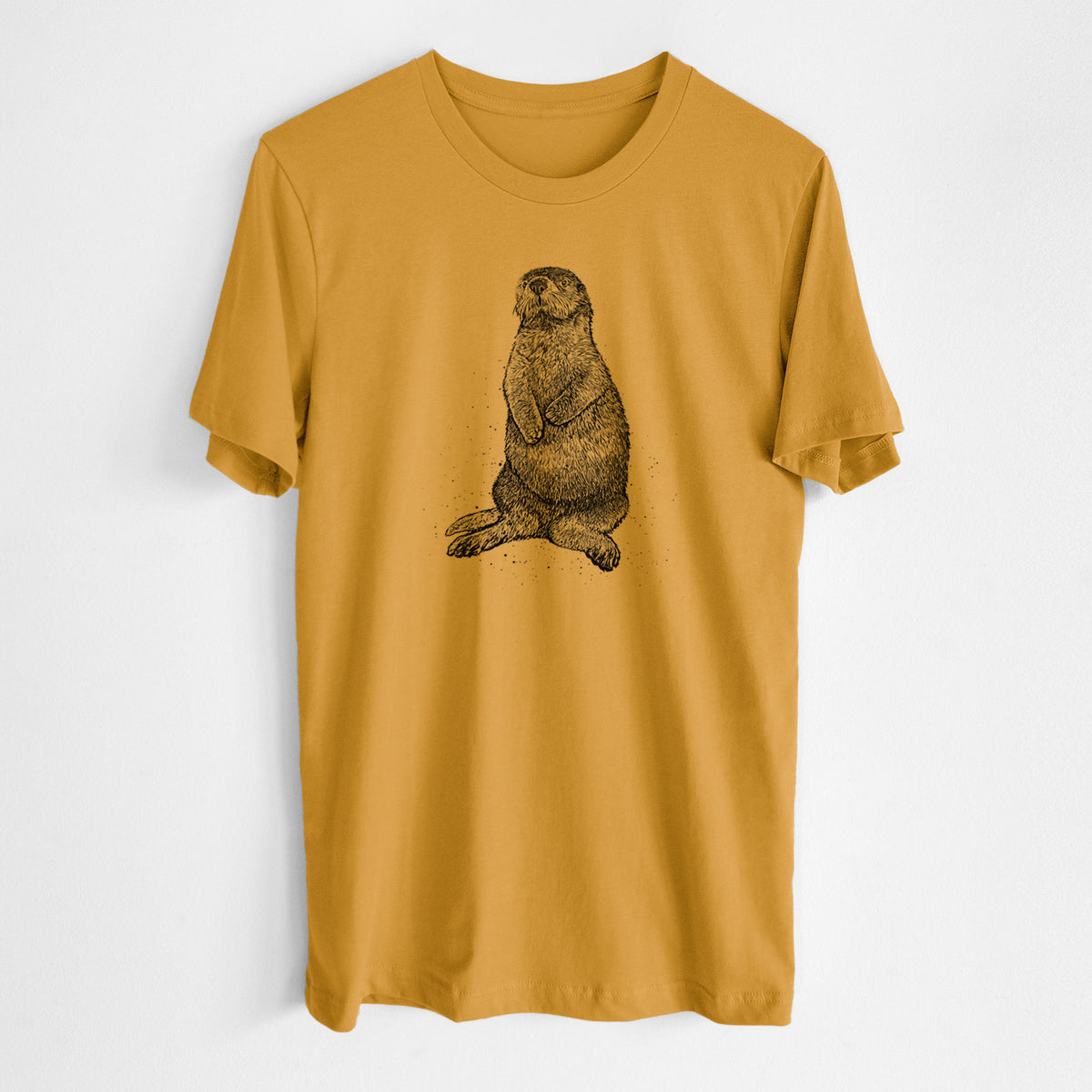 Honeycomb yellow lightweight cotton t-shirt laid flat, printed with a detailed black ink illustration of a sea otter sitting upright.