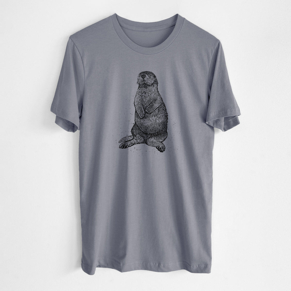 Storm grey lightweight cotton t-shirt laid flat, printed with a detailed black ink illustration of a sea otter sitting upright.