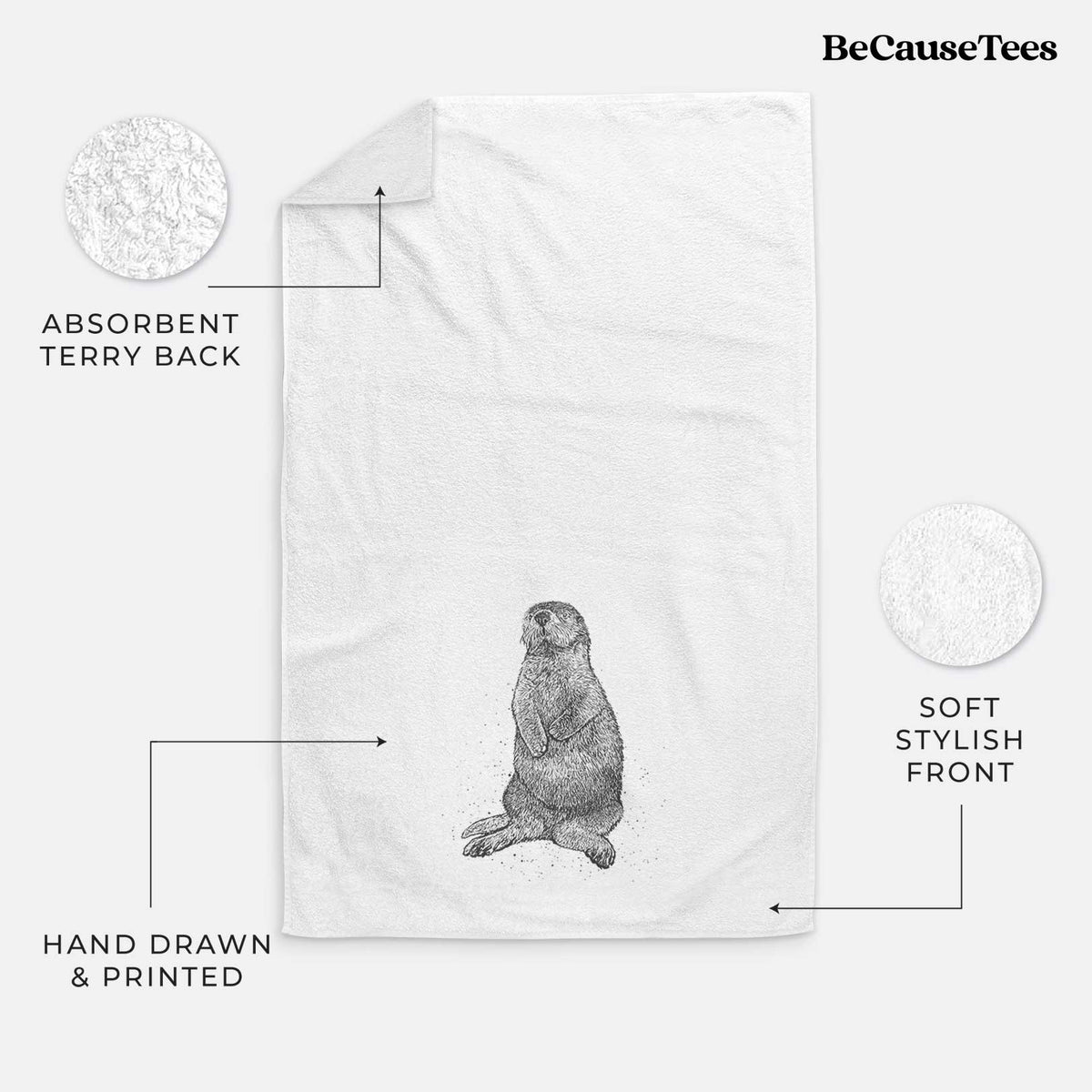 White hand towel printed with a detailed black ink illustration of a sea otter sitting upright.
