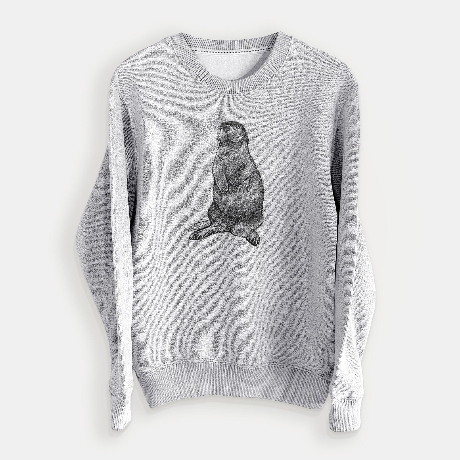 Salt and pepper knit sweatshirt laid flat, printed with a detailed black ink illustration of a sea otter sitting upright.