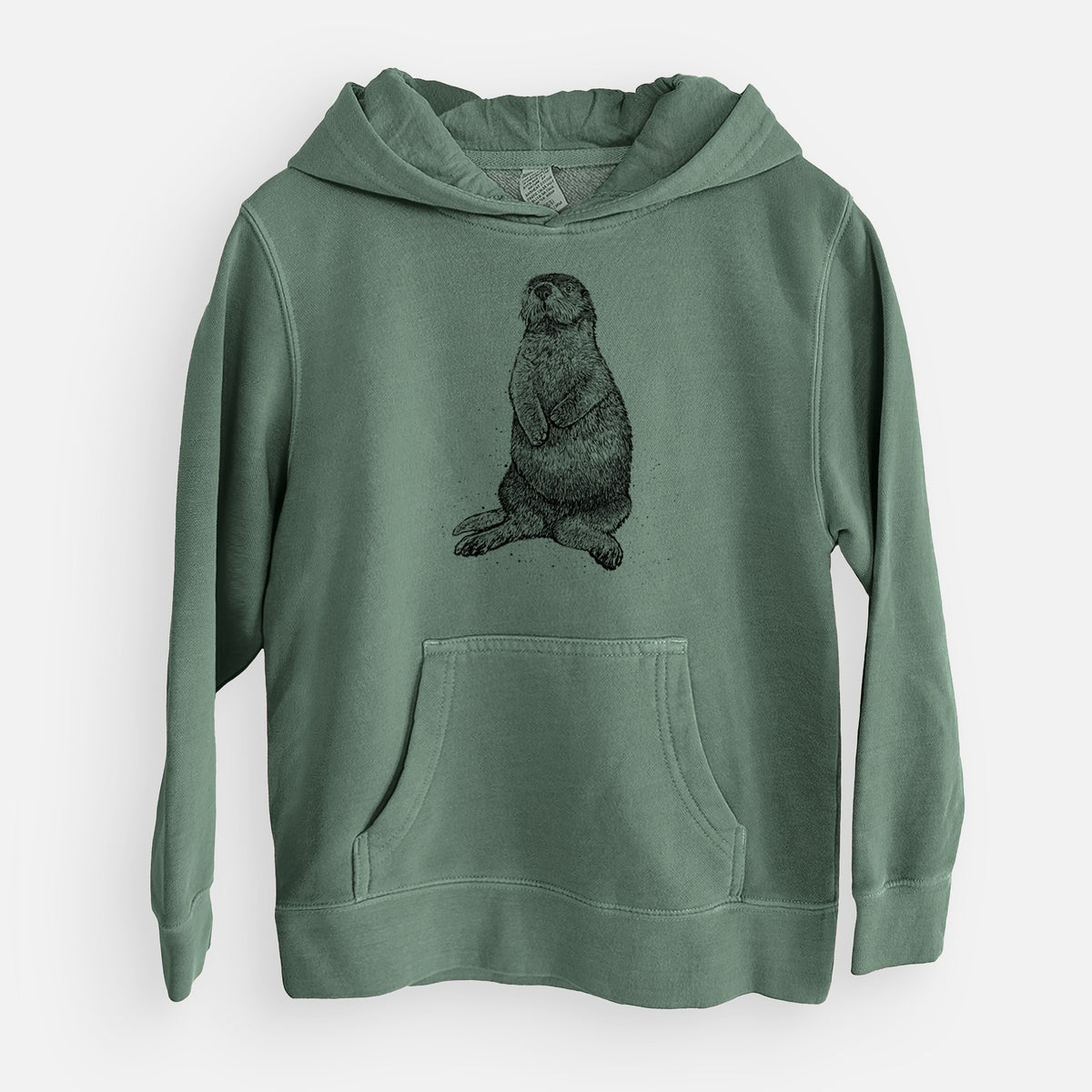 Alpine green youth pigment dyed hoodie laid flat, printed with a detailed black ink illustration of a sea otter sitting upright.