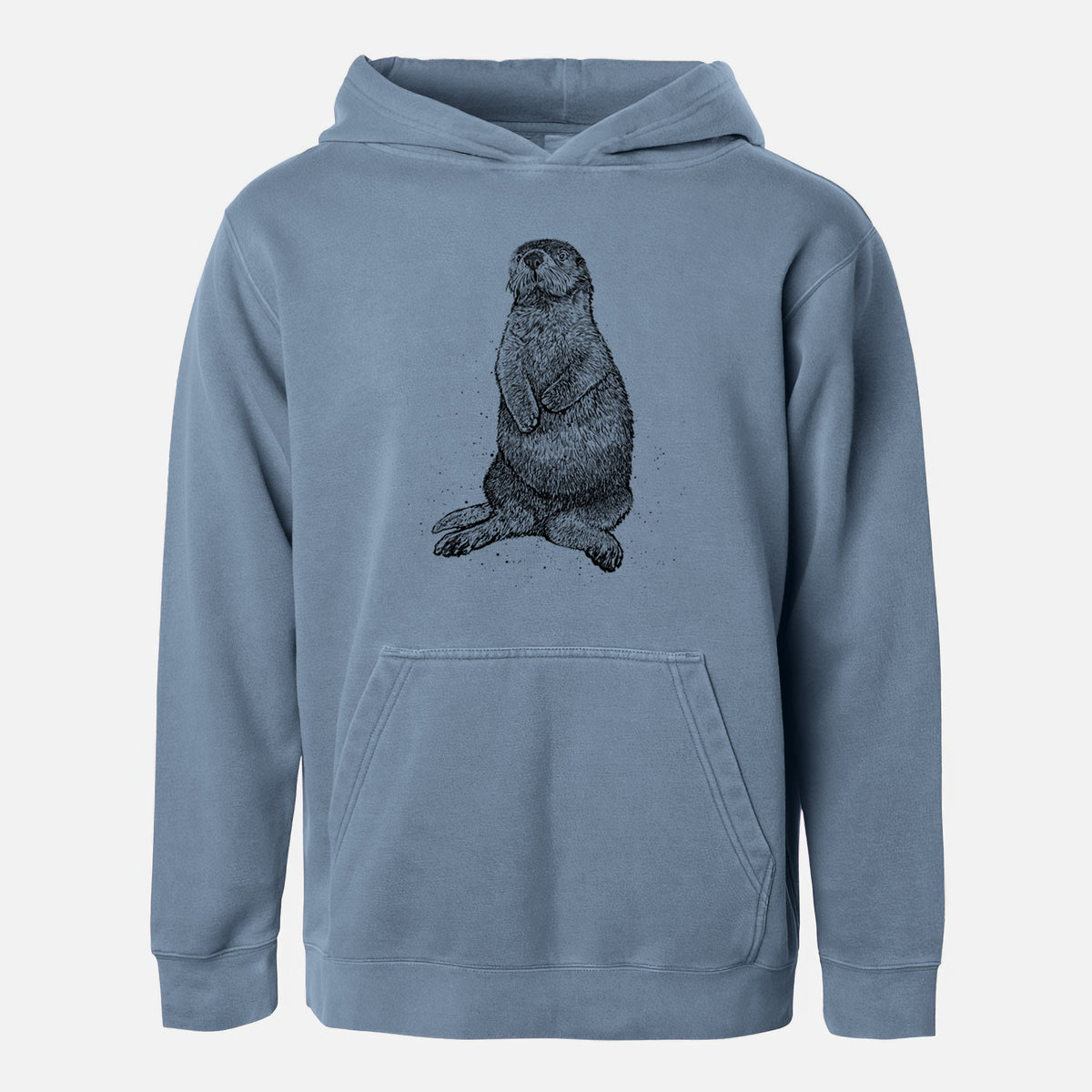 Slate blue youth pigment dyed hoodie laid flat, printed with a detailed black ink illustration of a sea otter sitting upright.