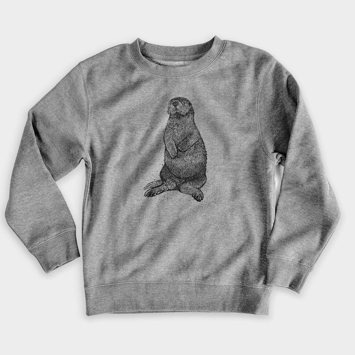 Nickel grey youth crewneck sweatshirt laid flat, printed with a detailed black ink illustration of a sea otter sitting upright.