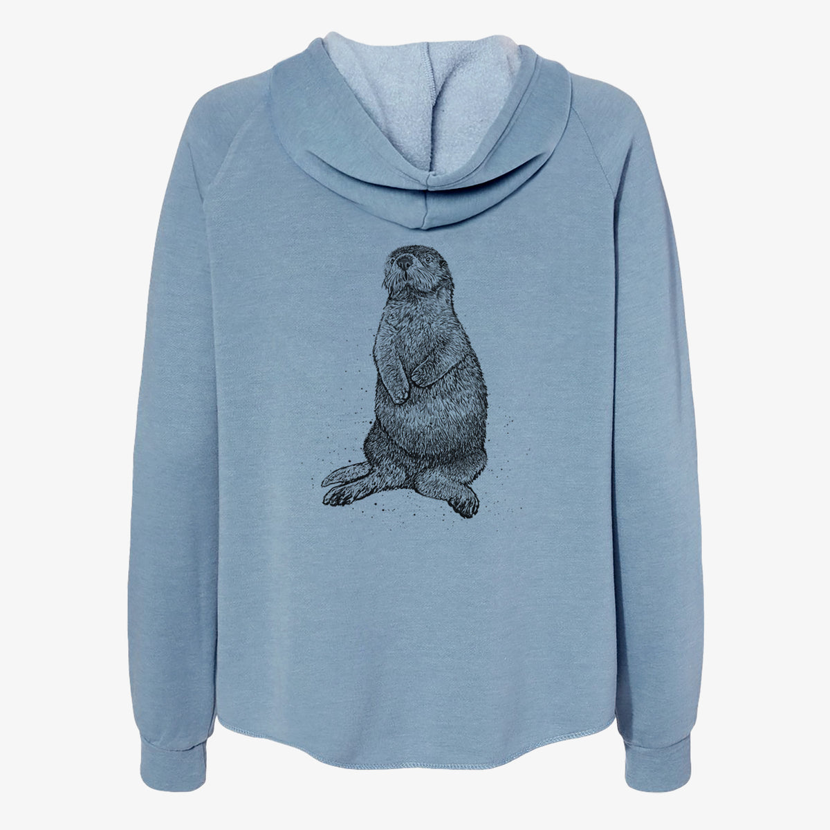 Misty blue women's Cali Wave zip-up sweatshirt laid flat, printed with a detailed black ink illustration of a sea otter sitting upright.