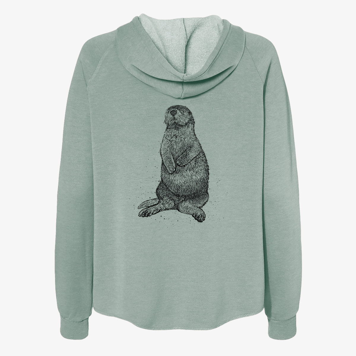 Sage green women's Cali Wave zip-up sweatshirt laid flat, printed with a detailed black ink illustration of a sea otter sitting upright.