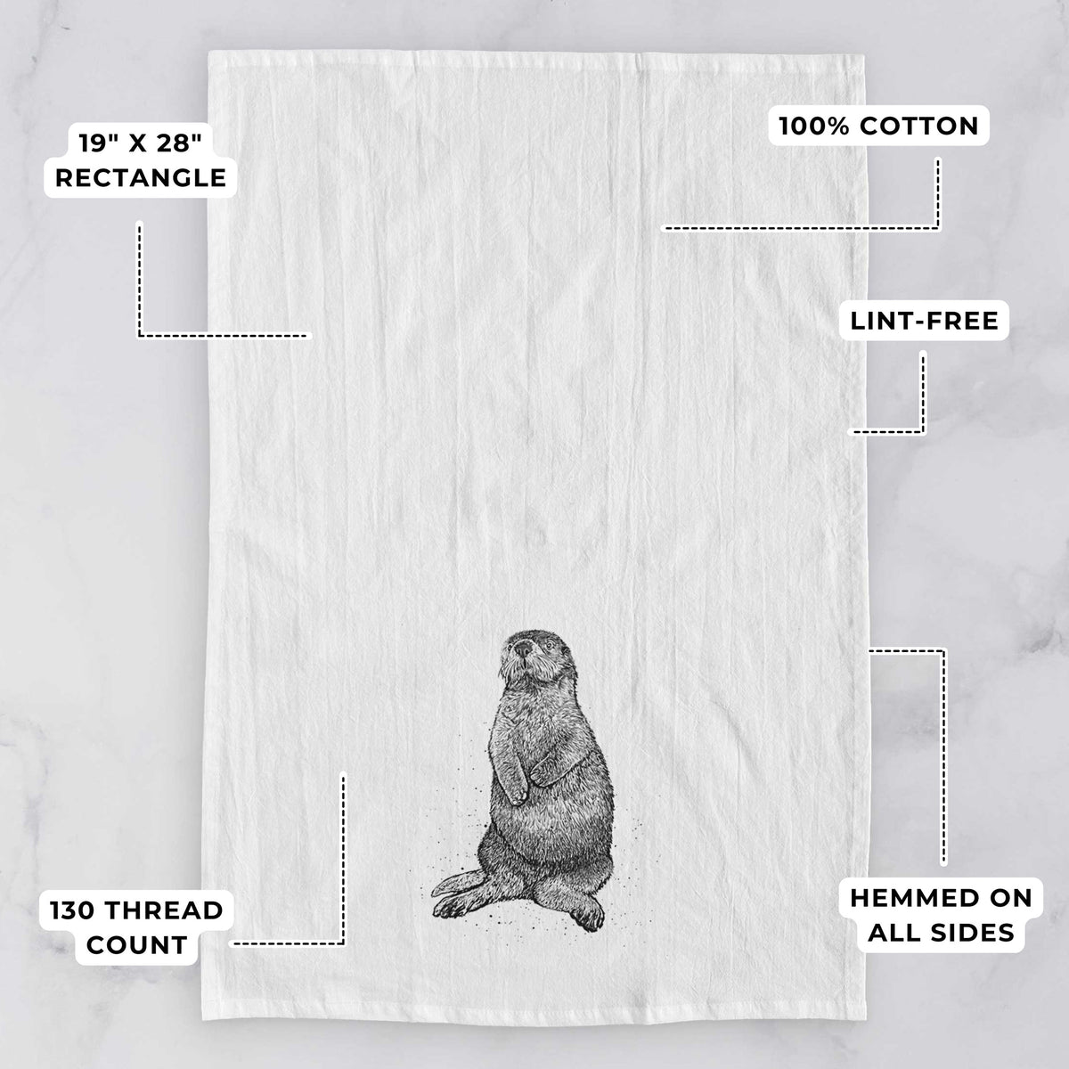 White tea towel printed with a detailed black ink illustration of a sea otter sitting upright, with feature labels: 19 by 28 inch rectangle, 100% cotton, lint-free, 130 thread count, hemmed on all sides.