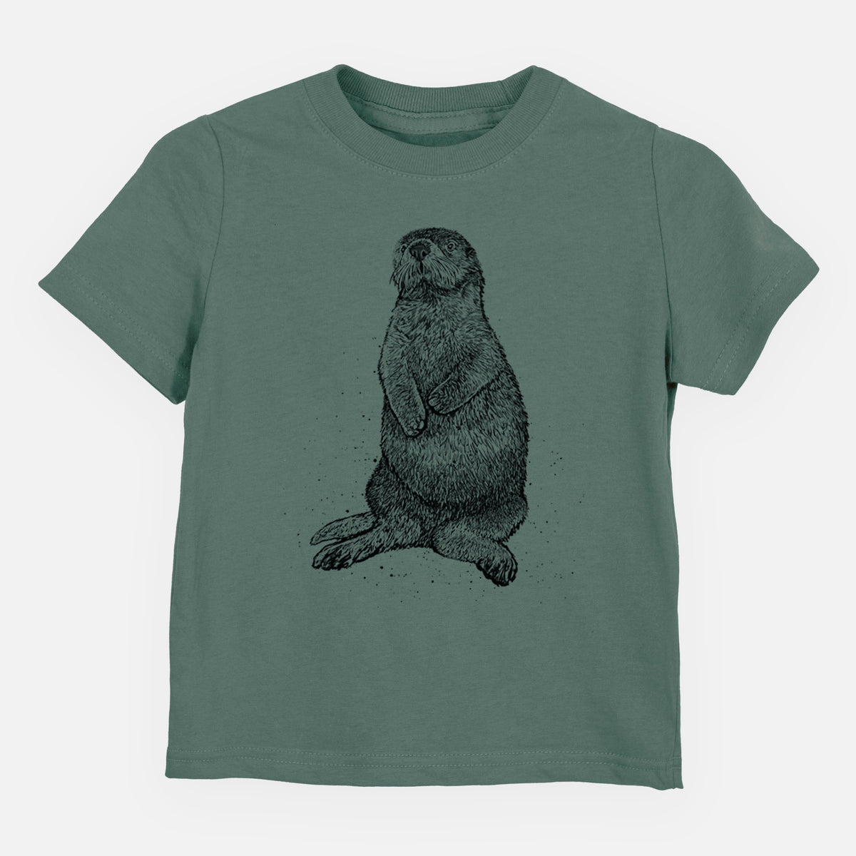 Basil green toddler t-shirt laid flat, printed with a detailed black ink illustration of a sea otter sitting upright.