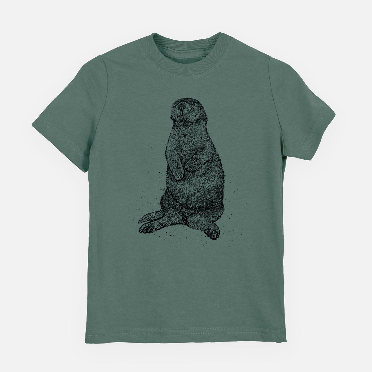 Basil green youth t-shirt laid flat, printed with a detailed black ink illustration of a sea otter sitting upright.