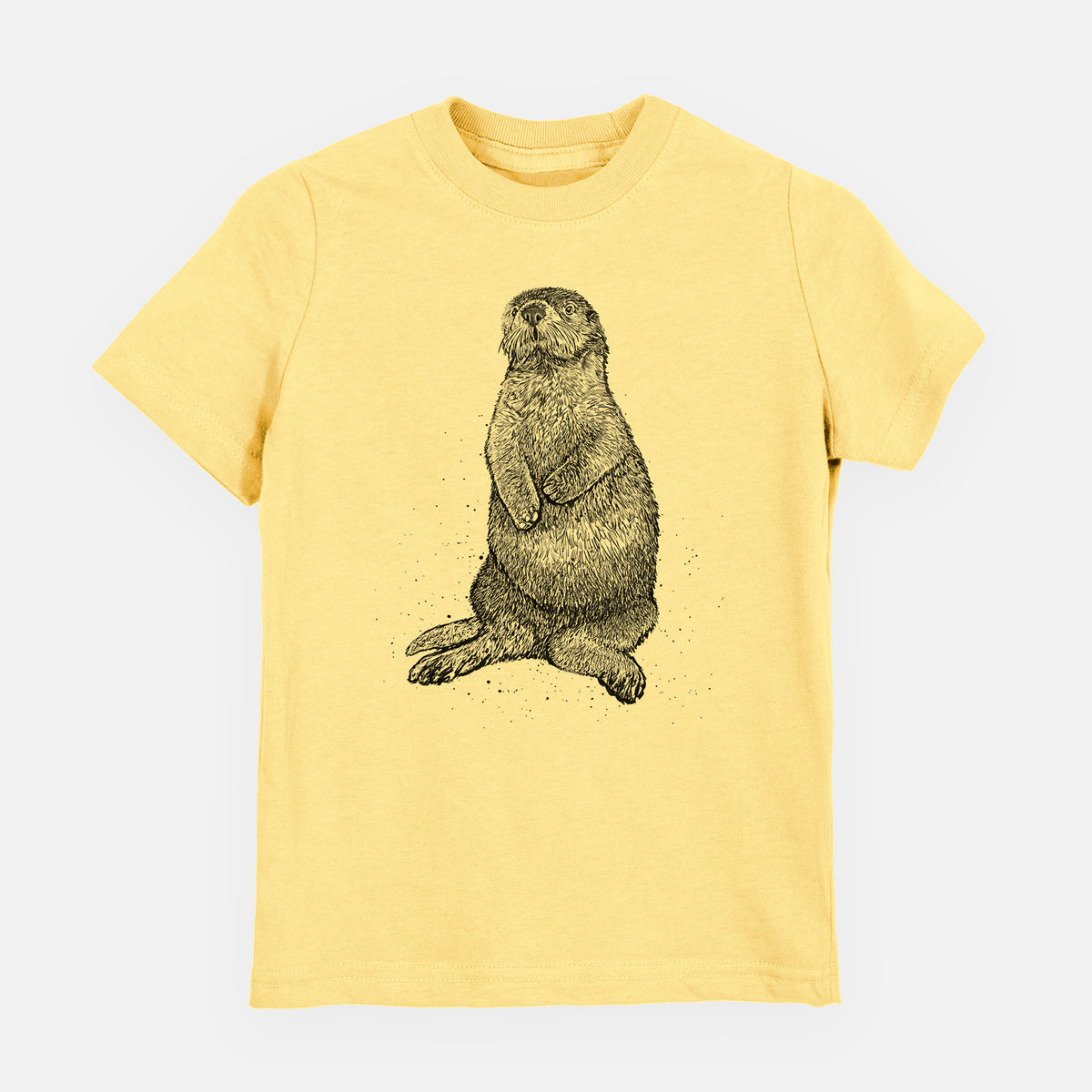 Butter yellow youth t-shirt laid flat, printed with a detailed black ink illustration of a sea otter sitting upright.