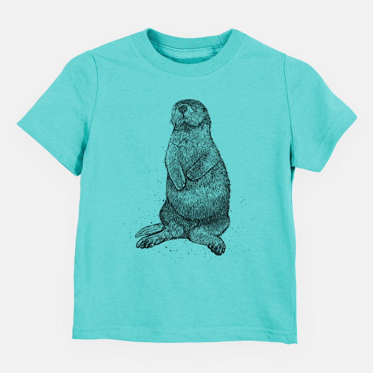 Caribbean blue toddler t-shirt laid flat, printed with a detailed black ink illustration of a sea otter sitting upright.