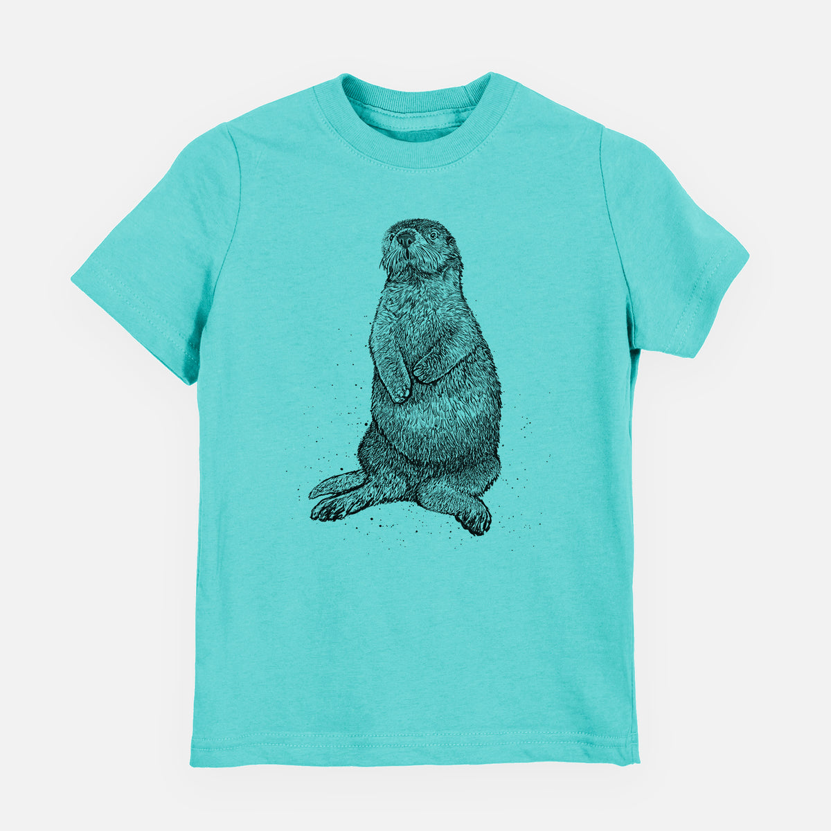 Caribbean blue youth t-shirt laid flat, printed with a detailed black ink illustration of a sea otter sitting upright.