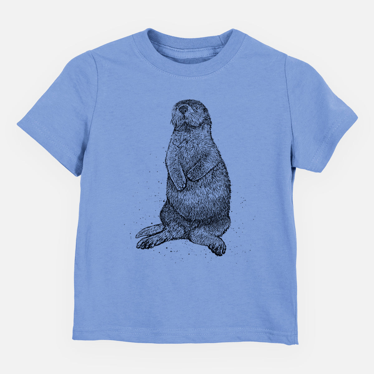 Carolina blue toddler t-shirt laid flat, printed with a detailed black ink illustration of a sea otter sitting upright.
